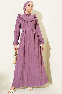 Yarım Düğmeli Fırfırlı Krinkıl Elbise Lila - Elbise