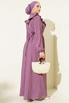 Yarım Düğmeli Fırfırlı Krinkıl Elbise Lila - Elbise