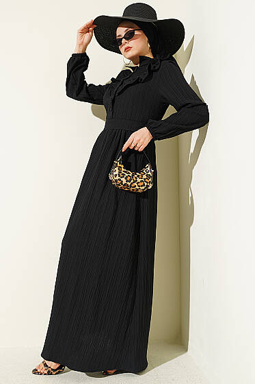 Yarım Düğmeli Fırfırlı Krinkıl Elbise Siyah - Elbise