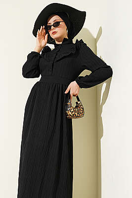 Yarım Düğmeli Fırfırlı Krinkıl Elbise Siyah - Elbise