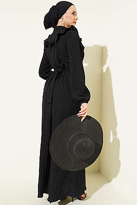 Yarım Düğmeli Fırfırlı Krinkıl Elbise Siyah - Elbise