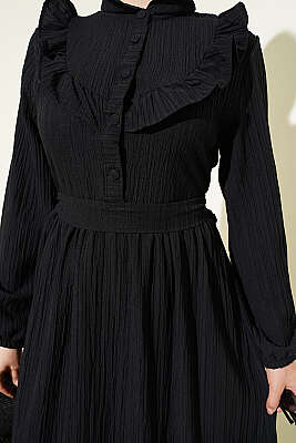 Yarım Düğmeli Fırfırlı Krinkıl Elbise Siyah - Elbise