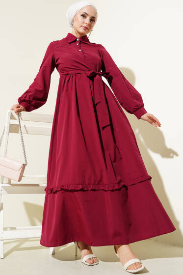 Yarım Düğmeli Fırfırlı Yandan Bağlamalı Elbise Bordo - Elbise
