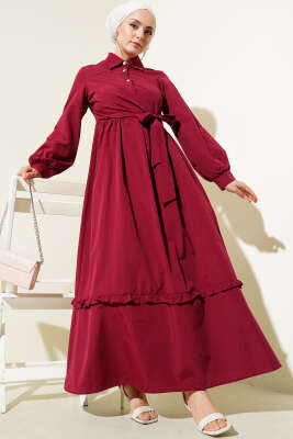 Yarım Düğmeli Fırfırlı Yandan Bağlamalı Elbise Bordo 