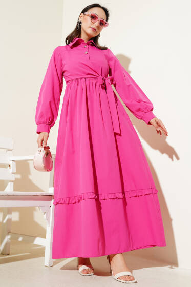 Yarım Düğmeli Fırfırlı Yandan Bağlamalı Elbise Fuşya - Elbise