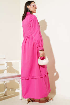 Yarım Düğmeli Fırfırlı Yandan Bağlamalı Elbise Fuşya - Tesettür Elbise