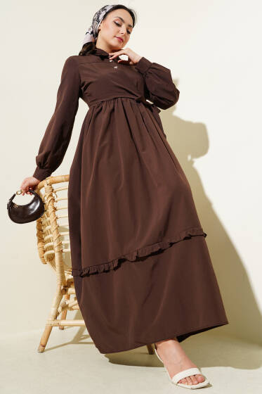 Yarım Düğmeli Fırfırlı Yandan Bağlamalı Elbise Kahve - Elbise