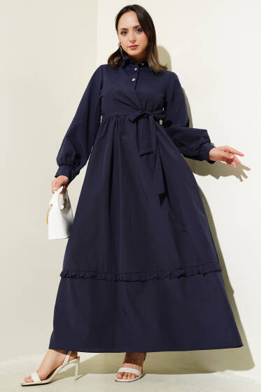 Yarım Düğmeli Fırfırlı Yandan Bağlamalı Elbise Lacivert - Elbise