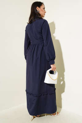 Yarım Düğmeli Fırfırlı Yandan Bağlamalı Elbise Lacivert - Tesettür Elbise