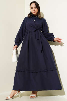 Yarım Düğmeli Fırfırlı Yandan Bağlamalı Elbise Lacivert 