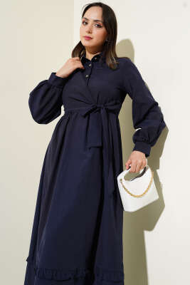 Yarım Düğmeli Fırfırlı Yandan Bağlamalı Elbise Lacivert - Tesettür Elbise