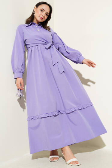Yarım Düğmeli Fırfırlı Yandan Bağlamalı Elbise Lila - Elbise