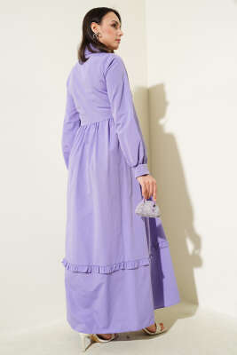 Yarım Düğmeli Fırfırlı Yandan Bağlamalı Elbise Lila - Tesettür Elbise