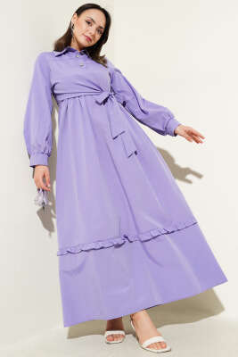 Yarım Düğmeli Fırfırlı Yandan Bağlamalı Elbise Lila 