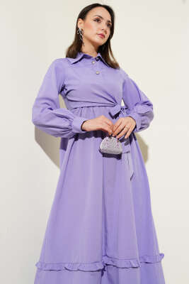 Yarım Düğmeli Fırfırlı Yandan Bağlamalı Elbise Lila - Tesettür Elbise