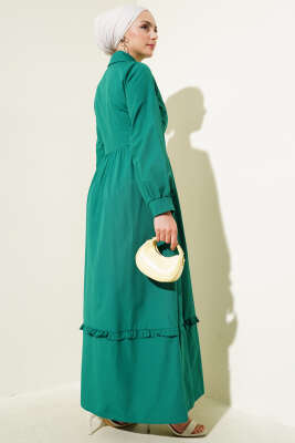 Yarım Düğmeli Fırfırlı Yandan Bağlamalı Elbise Yeşil - Tesettür Elbise