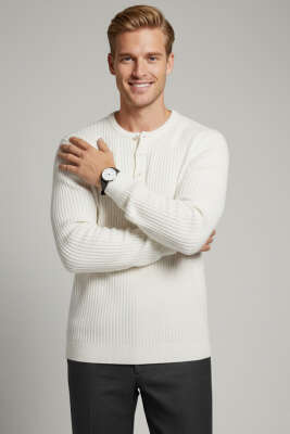 Yarım Düğmeli Fitilli Triko Erkek Kazak Beyaz - GİESTO