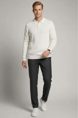 Yarım Düğmeli Fitilli Triko Erkek Kazak Beyaz - Erkek Kazak