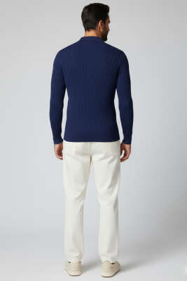 Yarım Düğmeli Fitilli Triko Erkek Kazak Lacivert - Erkek Kazak