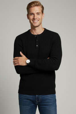 Yarım Düğmeli Fitilli Triko Erkek Kazak Siyah - GİESTO