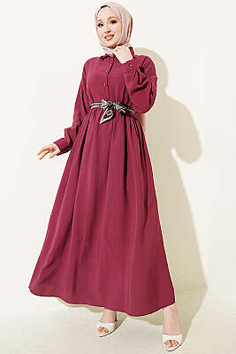 Yarım Düğmeli Fularlı Tensel Elbise Bordo - HATUN