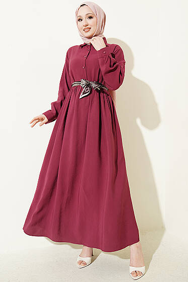 Yarım Düğmeli Fularlı Tensel Elbise Bordo - Elbise