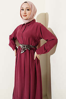 Yarım Düğmeli Fularlı Tensel Elbise Bordo - Elbise