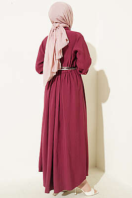 Yarım Düğmeli Fularlı Tensel Elbise Bordo - Elbise