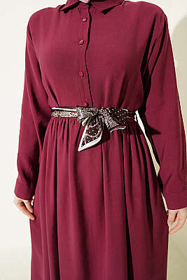 Yarım Düğmeli Fularlı Tensel Elbise Bordo - Elbise