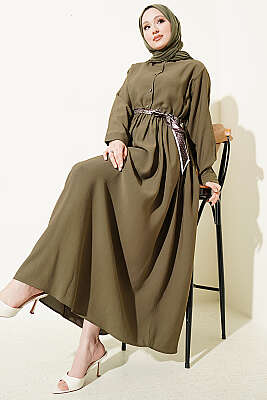 Yarım Düğmeli Fularlı Tensel Elbise Haki - HATUN