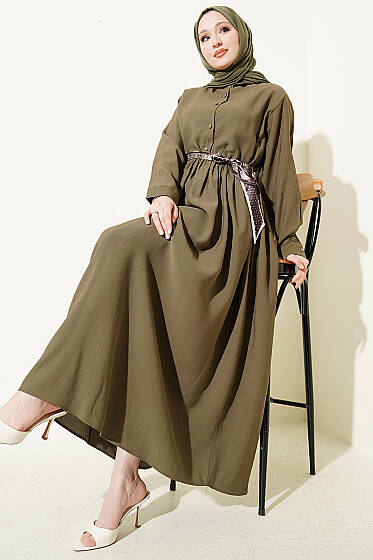 Yarım Düğmeli Fularlı Tensel Elbise Haki - Elbise