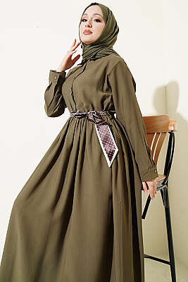 Yarım Düğmeli Fularlı Tensel Elbise Haki - Elbise