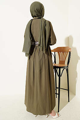 Yarım Düğmeli Fularlı Tensel Elbise Haki - Elbise