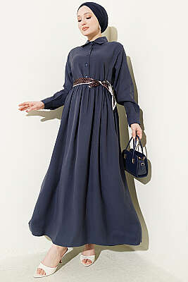 Yarım Düğmeli Fularlı Tensel Elbise Lacivert - HATUN