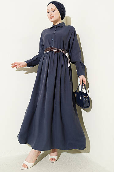 Yarım Düğmeli Fularlı Tensel Elbise Lacivert - Elbise