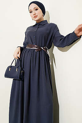 Yarım Düğmeli Fularlı Tensel Elbise Lacivert - Elbise