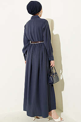 Yarım Düğmeli Fularlı Tensel Elbise Lacivert - Elbise