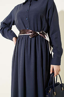 Yarım Düğmeli Fularlı Tensel Elbise Lacivert - Elbise