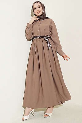 Yarım Düğmeli Fularlı Tensel Elbise Latte - HATUN