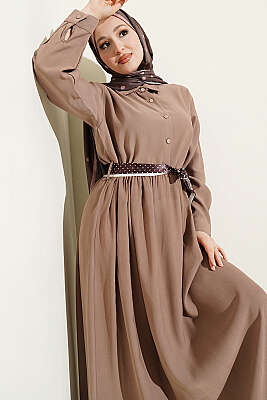 Yarım Düğmeli Fularlı Tensel Elbise Latte - Elbise