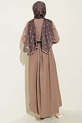 Yarım Düğmeli Fularlı Tensel Elbise Latte - Elbise