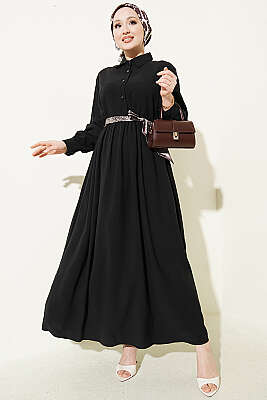 Yarım Düğmeli Fularlı Tensel Elbise Siyah - HATUN