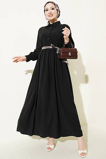 Yarım Düğmeli Fularlı Tensel Elbise Siyah - Elbise