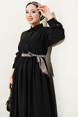 Yarım Düğmeli Fularlı Tensel Elbise Siyah - Elbise