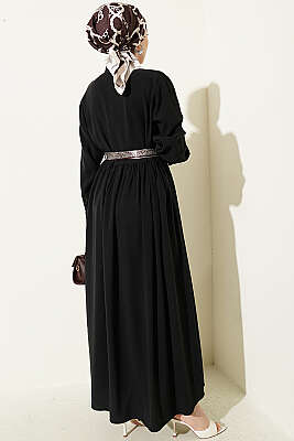 Yarım Düğmeli Fularlı Tensel Elbise Siyah - Elbise