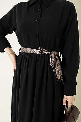 Yarım Düğmeli Fularlı Tensel Elbise Siyah - Elbise