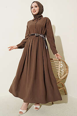 Yarım Düğmeli Fularlı Tensel Elbise Vizon - HATUN