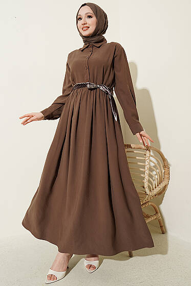 Yarım Düğmeli Fularlı Tensel Elbise Vizon - Elbise