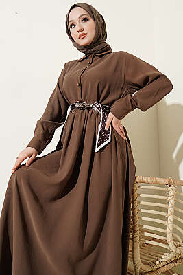 Yarım Düğmeli Fularlı Tensel Elbise Vizon - Elbise