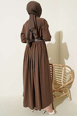 Yarım Düğmeli Fularlı Tensel Elbise Vizon - Elbise